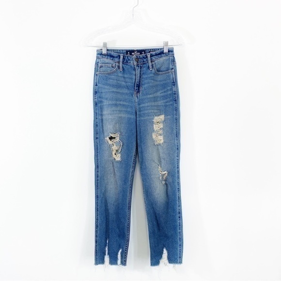 Hollister 25 Ultra‎ High Rise Mom Jeans Distressed Raw Step Hem Straight Leg - Picture 1 of 9